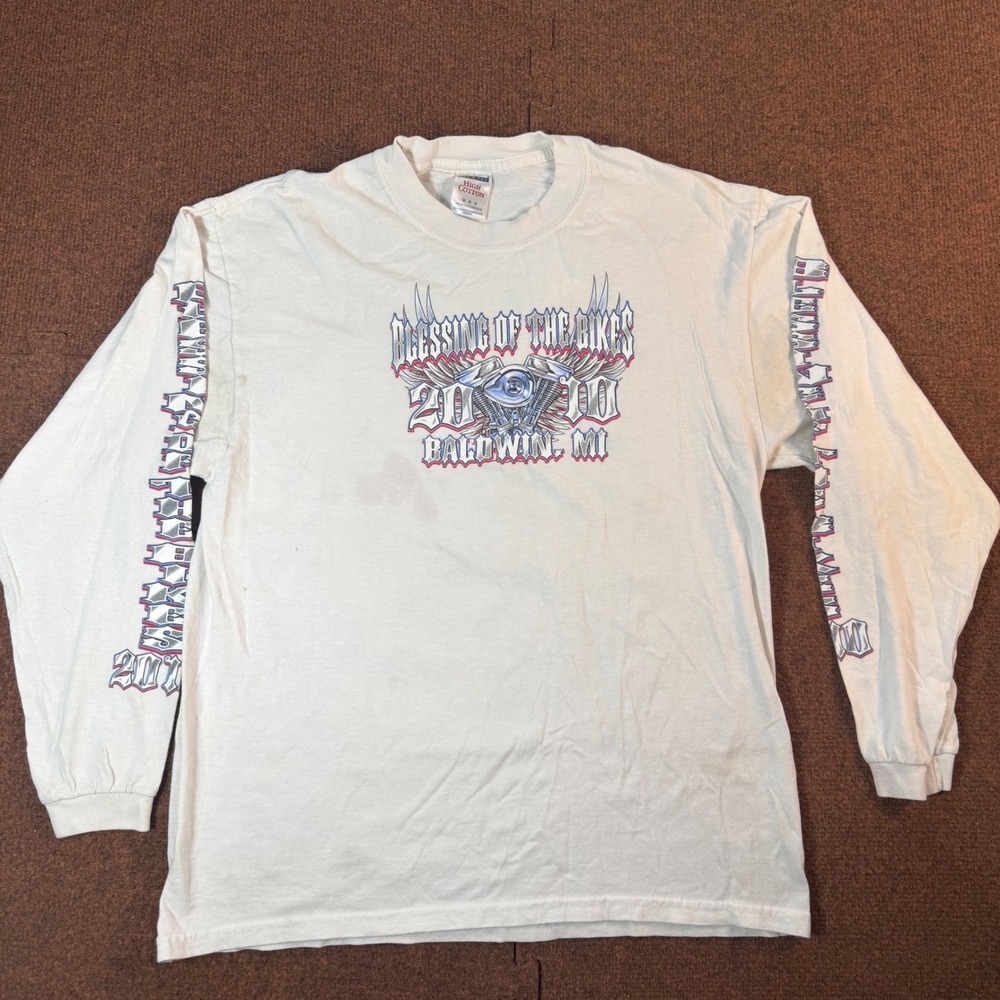 Jerzees Blessing of the Bikes 2010 Baldwin MI Long Sleeve Shirt Mens M White